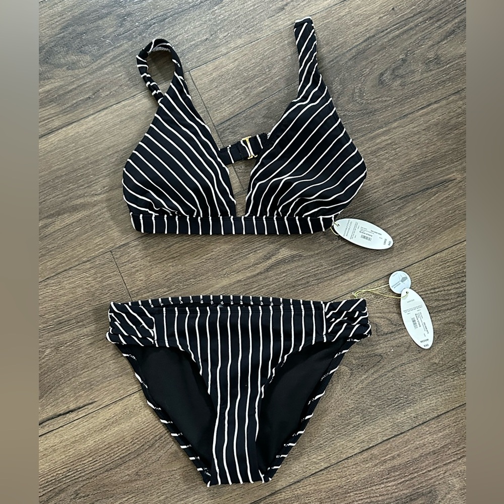 New JCP Black and White Striped Bikini Gold Detail‎ Large Top Medium Bottom